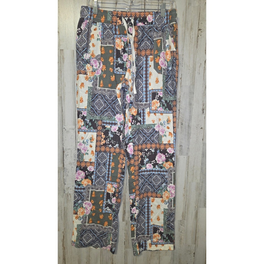EUC CATO S Floral Patchwork Print Linen Blend Straight Pants Boho Hippie